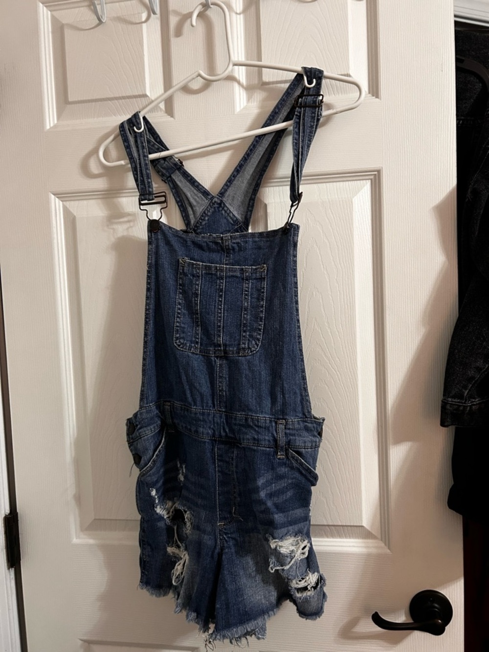 American Eagle Outfitters Distressed Dark Blue Denim Short Overalls